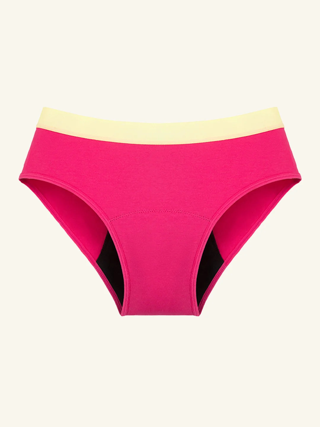 Menstruatie ondergoed rood geel, losse hipster brief in vooraanzicht tegen een lichte achtergrond