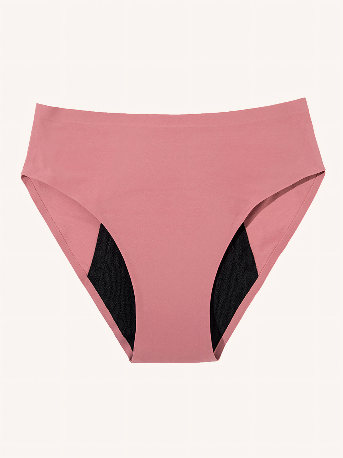 Menstruatie ondergoed roze, losse high waist brief in vooraanzicht tegen een lichte achtergrond