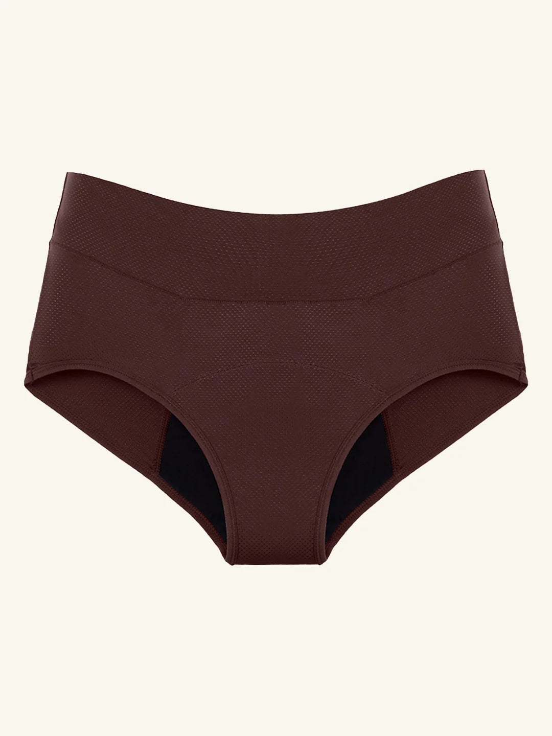 Menstruatie ondergoed chocolade, losse classic brief in vooraanzicht tegen een lichte achtergrond