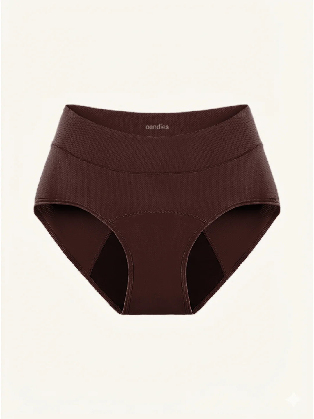 Menstruatie ondergoed donker bruin, losse huggster brief in vooraanzicht tegen een lichte achtergrond