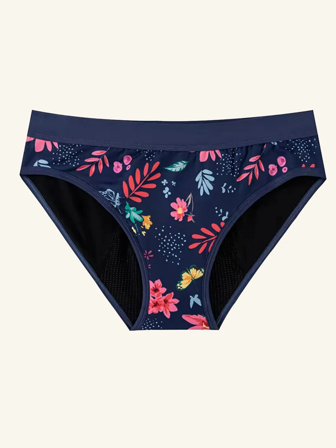 Menstruatie ondergoed tieners, losse flow flower power in vooraanzicht tegen een lichte achtergrond