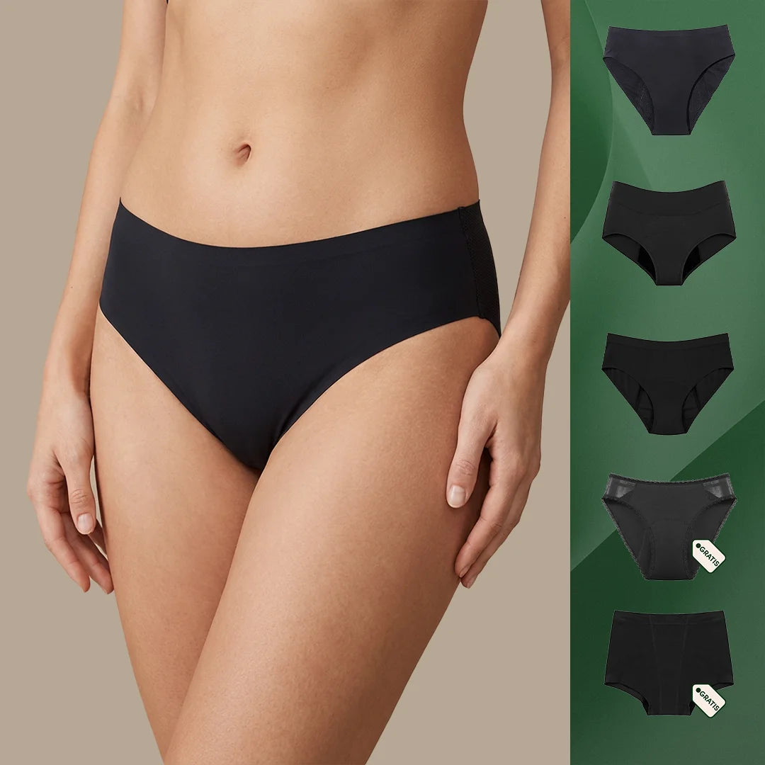 Menstruatie ondergoed zware flow bundel, samengestelde set met vijf zwarte slipmodellen