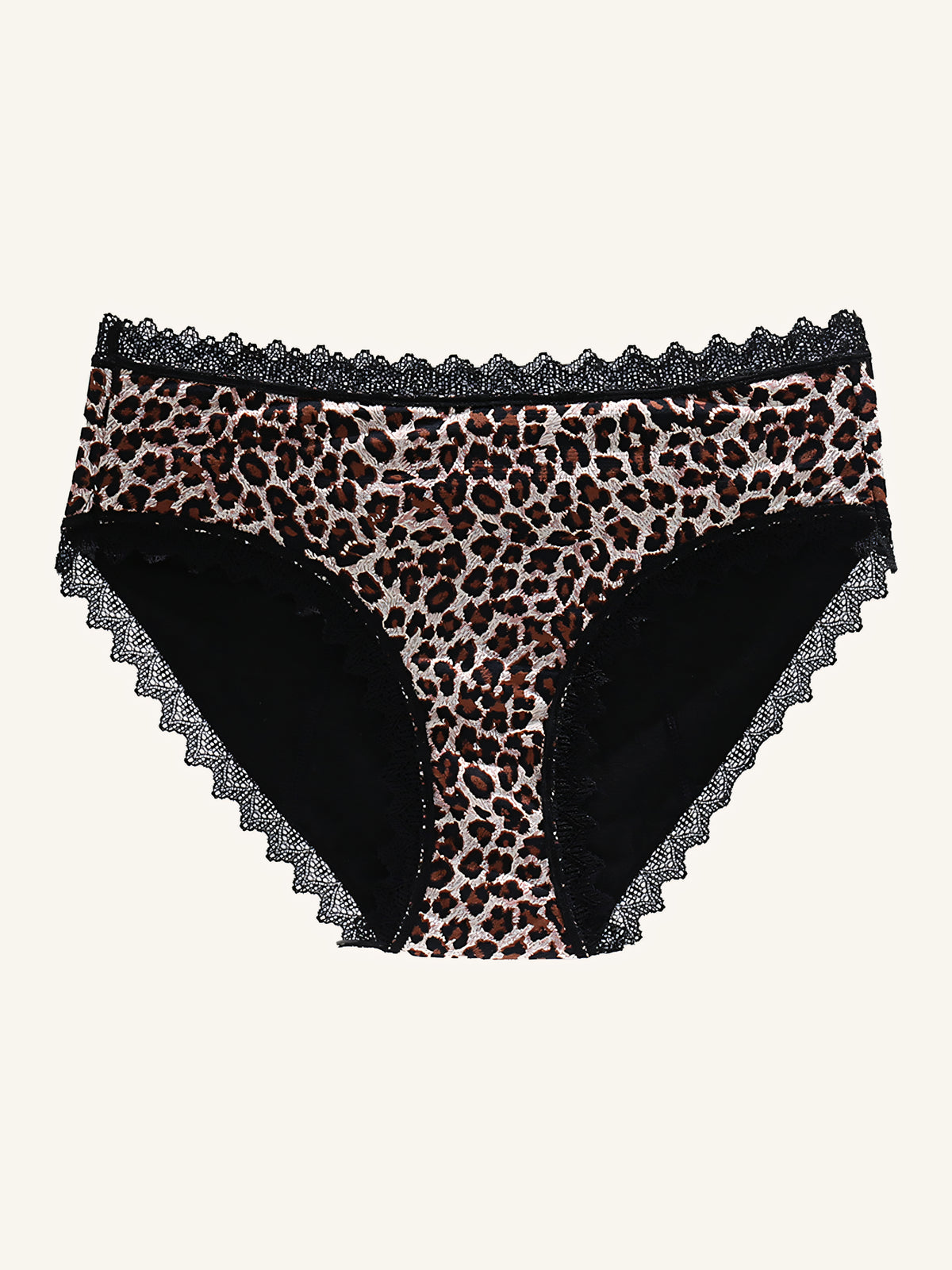 Menstruatie ondergoed, losse leopard kant in vooraanzicht tegen een lichte achtergrond
